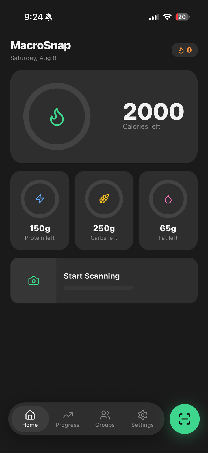 The MacroSnap home screen showing calories and macros left for the day