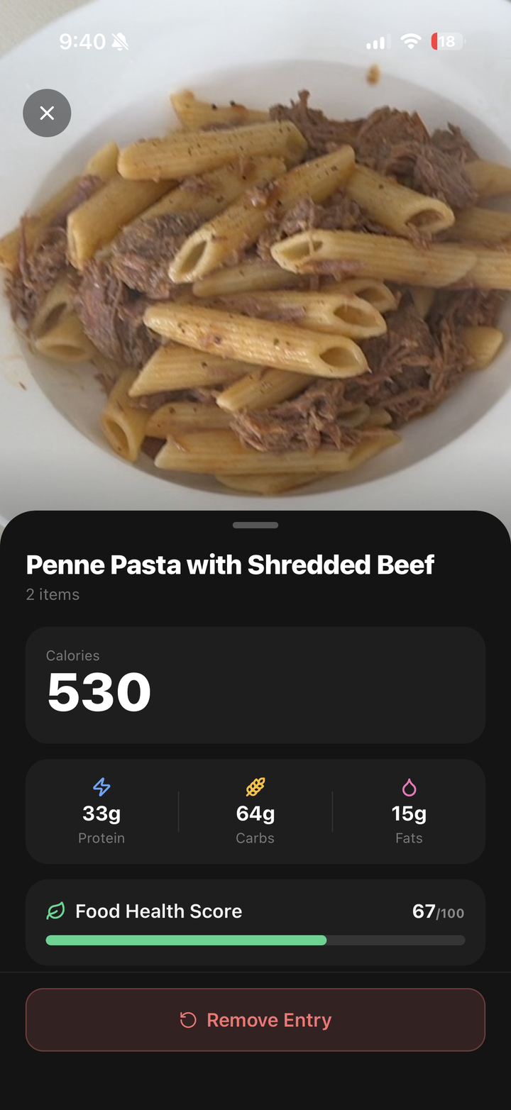 A scanned plate of penne pasta with shredded beef, showing 530 calories and its macro split